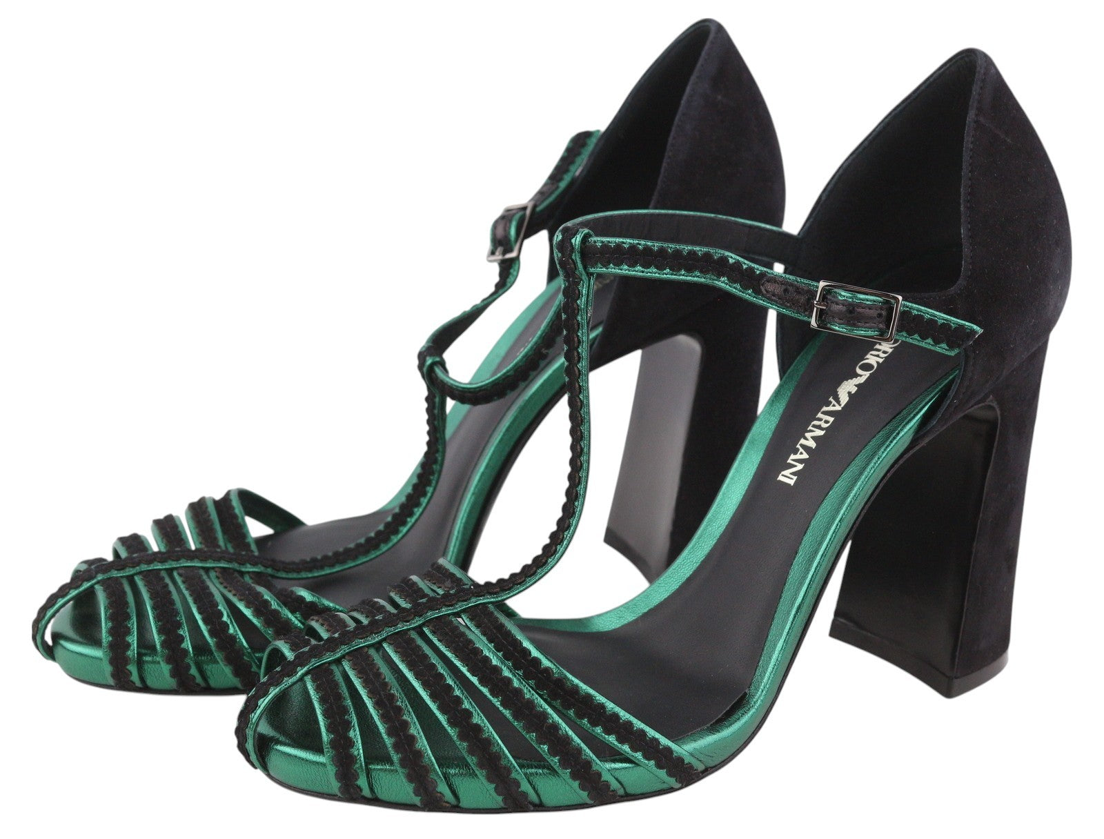 EMPORIO ARMANI Women Heels EU37 Black Suede Leather Strappy Buckle Pumps Sandals