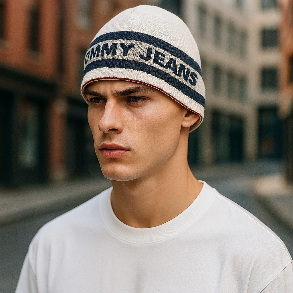 TOMMY HILFIGER Casual Utility Beanie Men Hat OS Coloured Tight-Knit Logo Casual