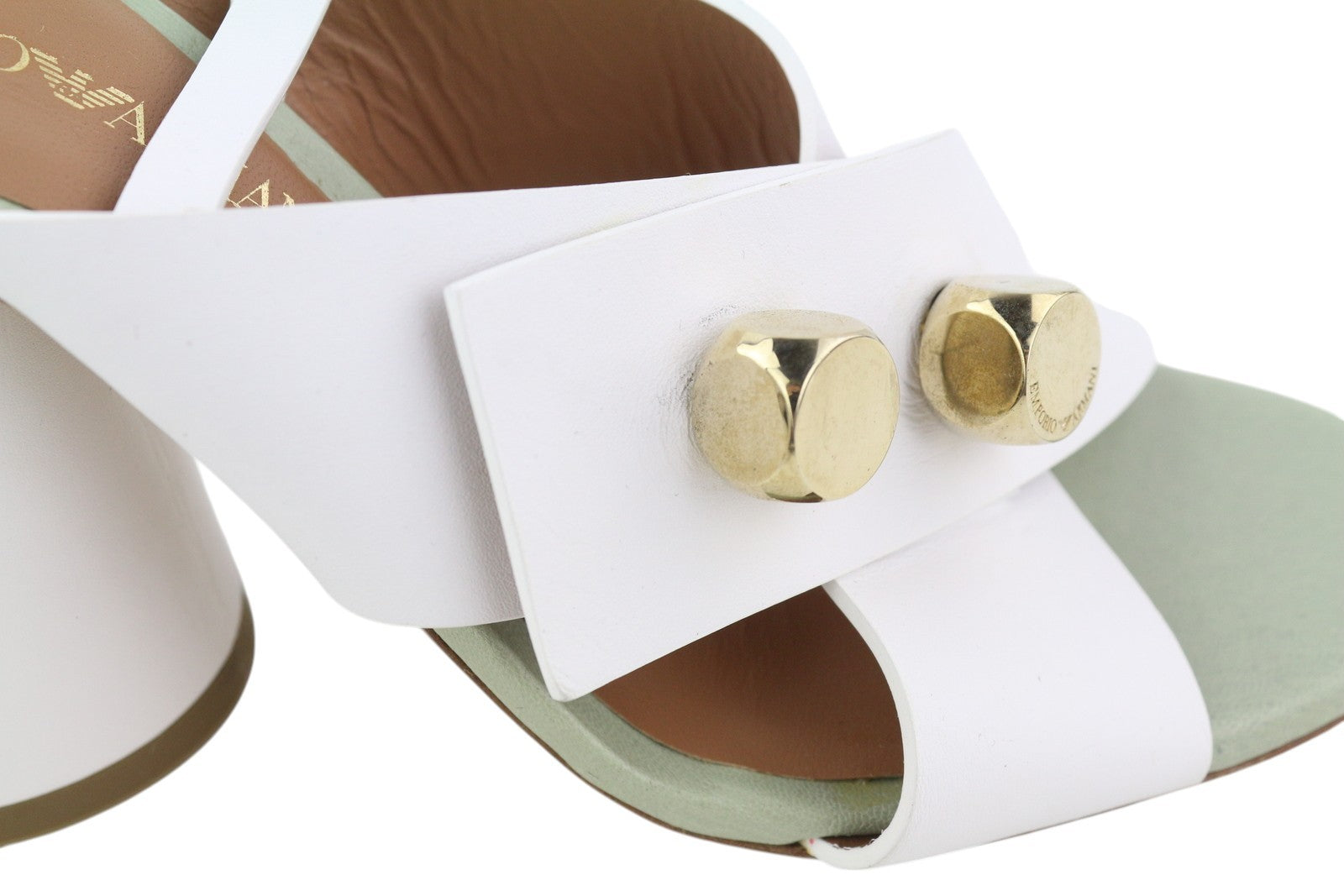 EMPORIO ARMANI X3P727 Women Heels EU37 White Leather Gold Tone Details Sandals