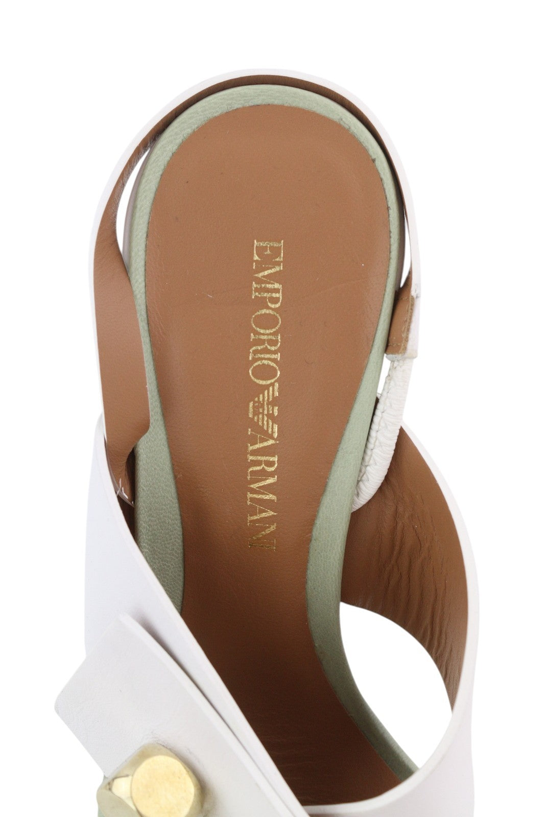 EMPORIO ARMANI X3P727 Women Heels EU37 White Leather Gold Tone Details Sandals