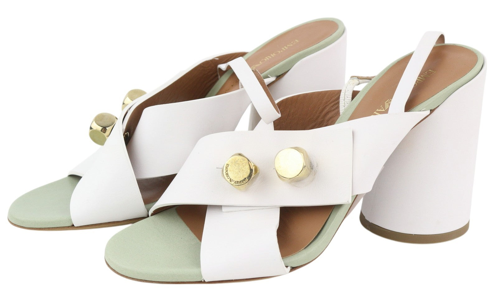 EMPORIO ARMANI X3P727 Women Heels EU37 White Leather Gold Tone Details Sandals