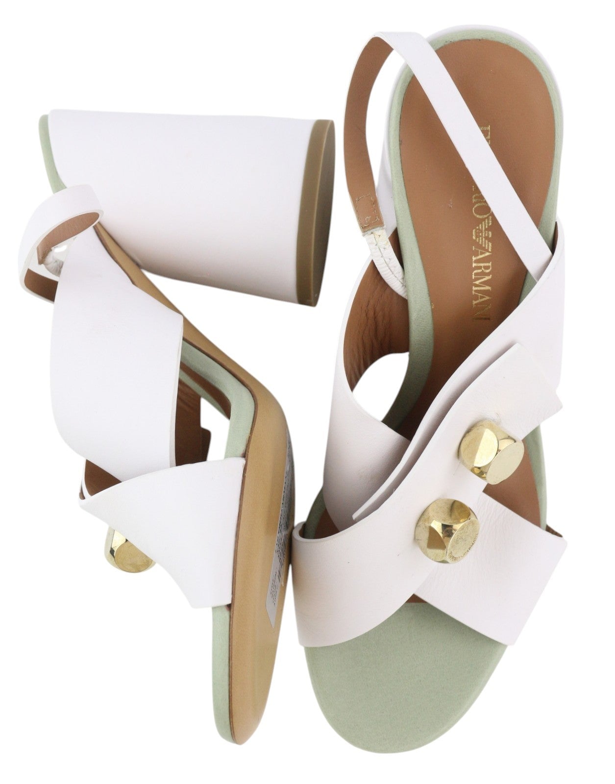 EMPORIO ARMANI X3P727 Women Heels EU37 White Leather Gold Tone Details Sandals