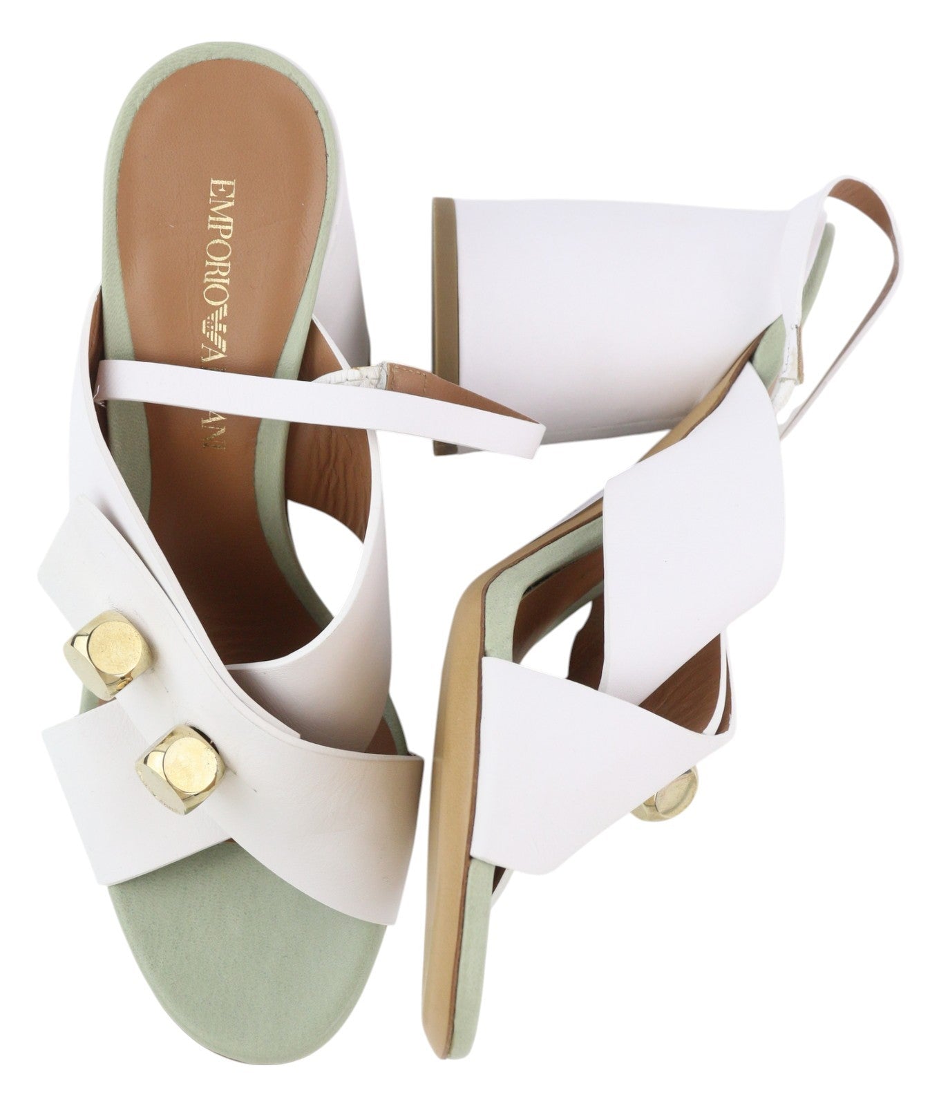 EMPORIO ARMANI X3P727 Women Heels EU37 White Leather Gold Tone Details Sandals