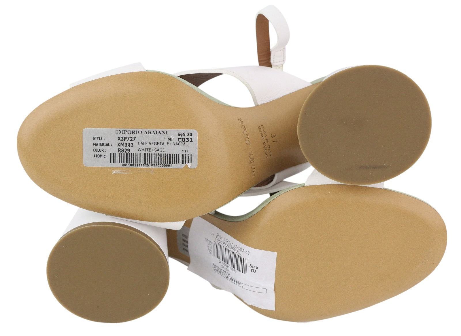 EMPORIO ARMANI X3P727 Women Heels EU37 White Leather Gold Tone Details Sandals