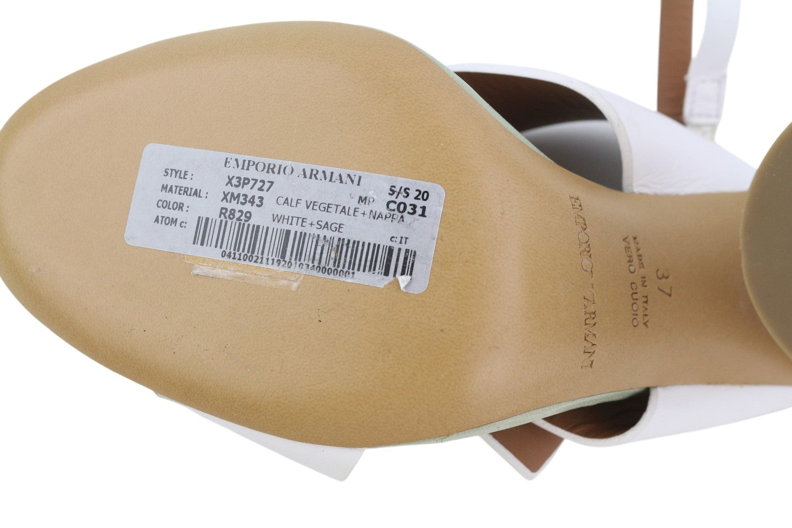 EMPORIO ARMANI X3P727 Women Heels EU37 White Leather Gold Tone Details Sandals