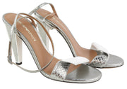 EMPORIO ARMANI Women Heels EU37 Silver Leather Open Toe Buckle Pumps Sandals