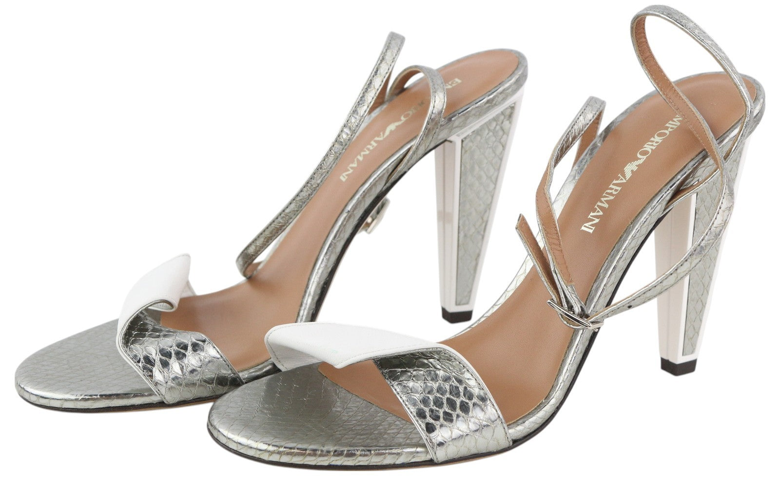 EMPORIO ARMANI Women Heels EU37 Silver Leather Open Toe Buckle Pumps Sandals