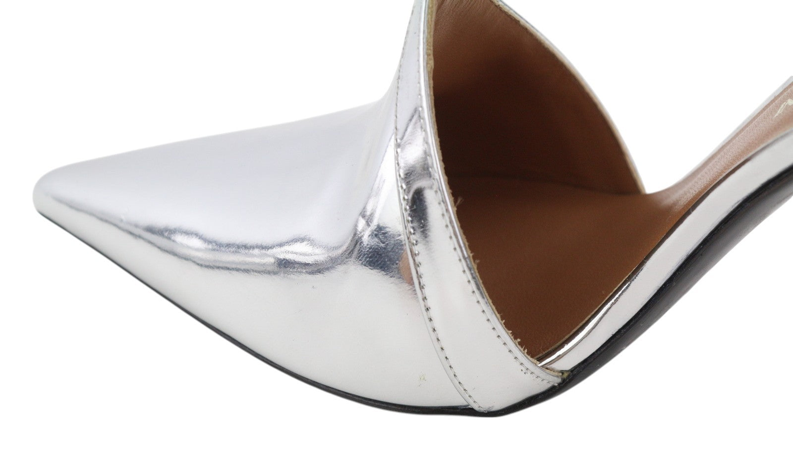 EMPORIO ARMANI Women Heels EU37 Shiny Silver Leather Strappy Pointed Toe Buckle