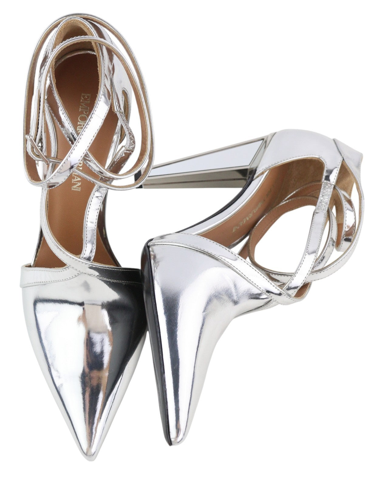EMPORIO ARMANI Women Heels EU37 Shiny Silver Leather Strappy Pointed Toe Buckle