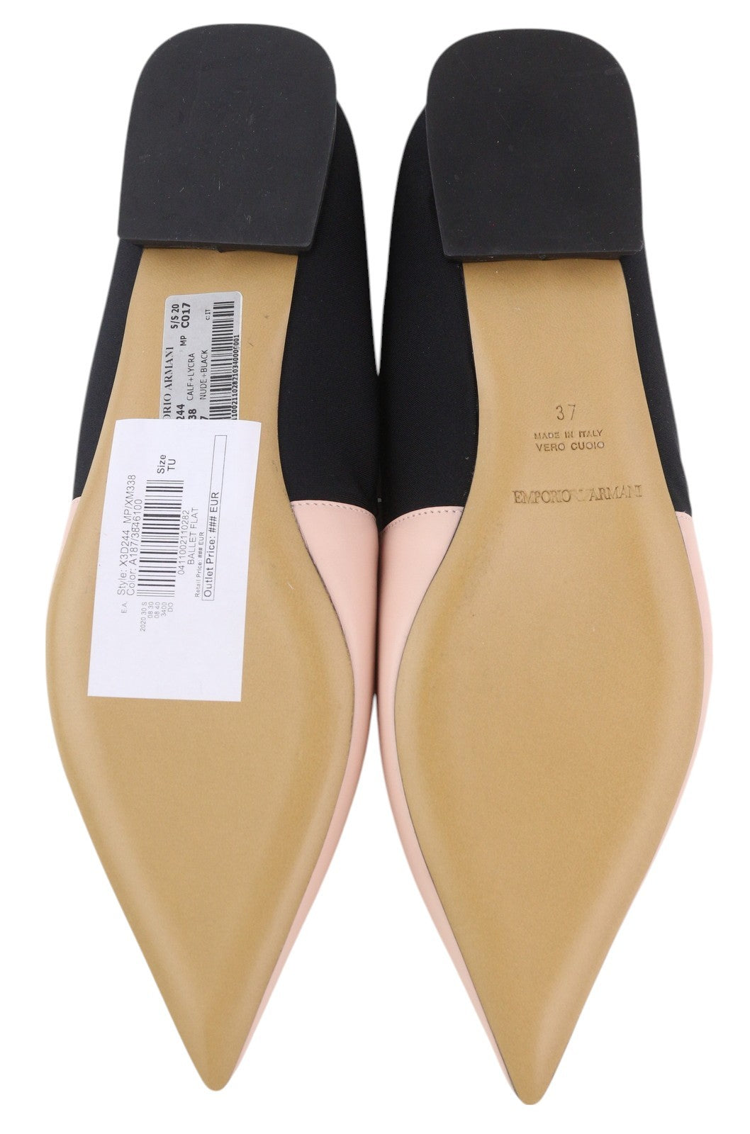 EMPORIO ARMANI X3D244 Women Flats EU37 Pink Leather Pointed Toe Logo Ballerina