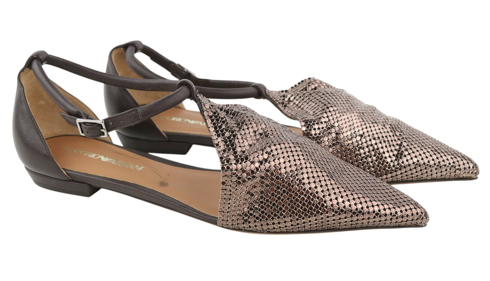EMPORIO ARMANI X3D254 Women Flats EU37 Brown Shiny Pointed Toe Slip Ballerina