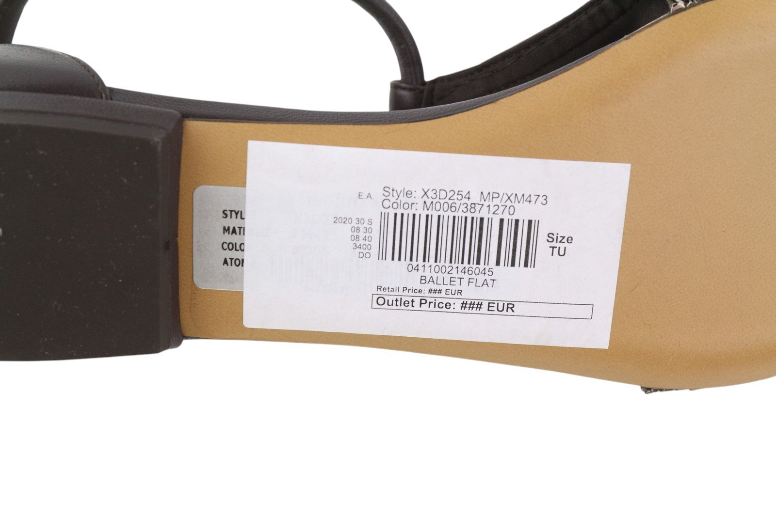 EMPORIO ARMANI X3D254 Women Flats EU37 Brown Shiny Pointed Toe Slip Ballerina