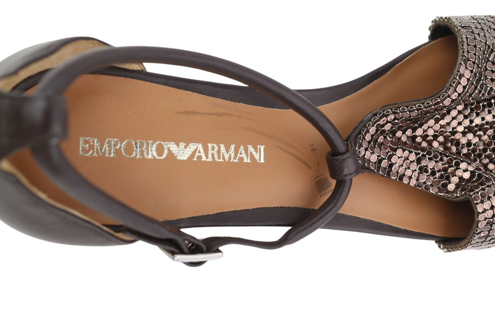 EMPORIO ARMANI X3D254 Women Flats EU37 Brown Shiny Pointed Toe Slip Ballerina
