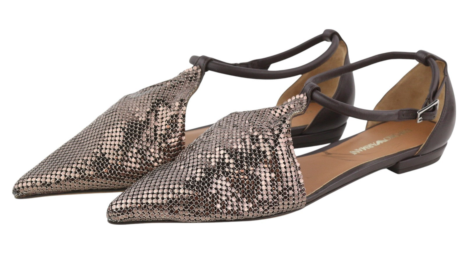 EMPORIO ARMANI X3D254 Women Flats EU37 Brown Shiny Pointed Toe Slip Ballerina