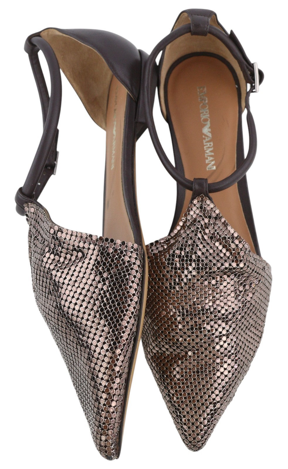 EMPORIO ARMANI X3D254 Women Flats EU37 Brown Shiny Pointed Toe Slip Ballerina