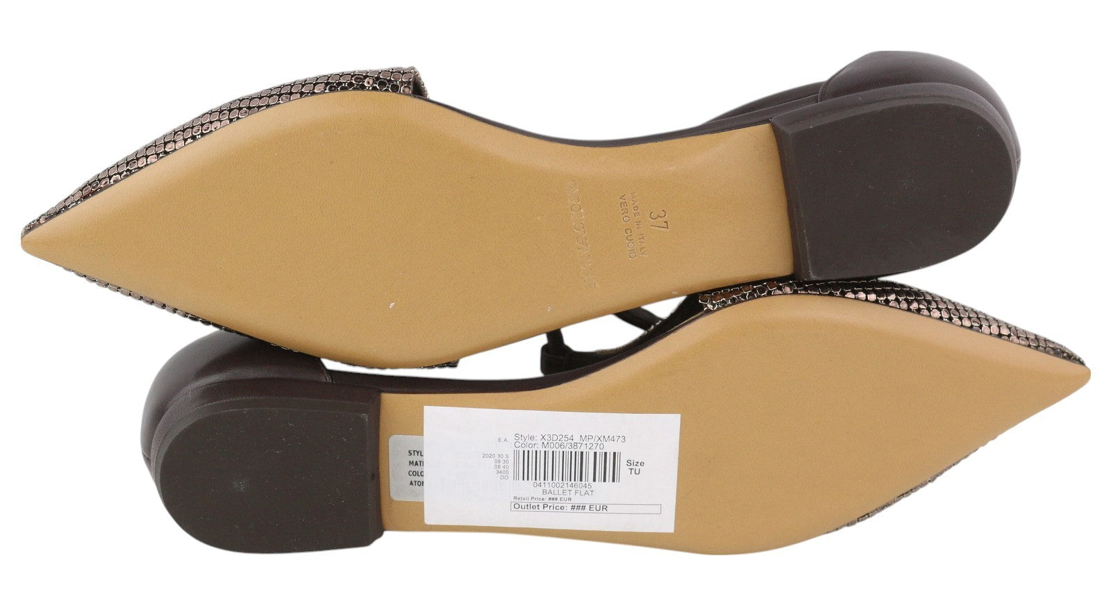EMPORIO ARMANI X3D254 Women Flats EU37 Brown Shiny Pointed Toe Slip Ballerina