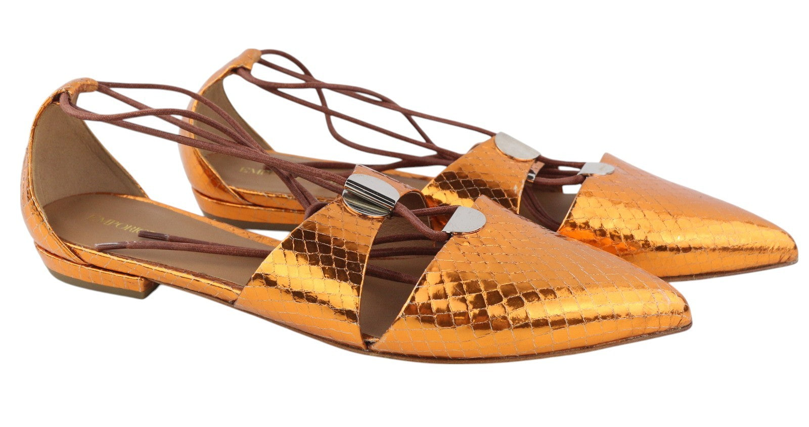 EMPORIO ARMANI X3C149 Women Flats EU37 Orange Shiny Leather Laced Pointed Toe