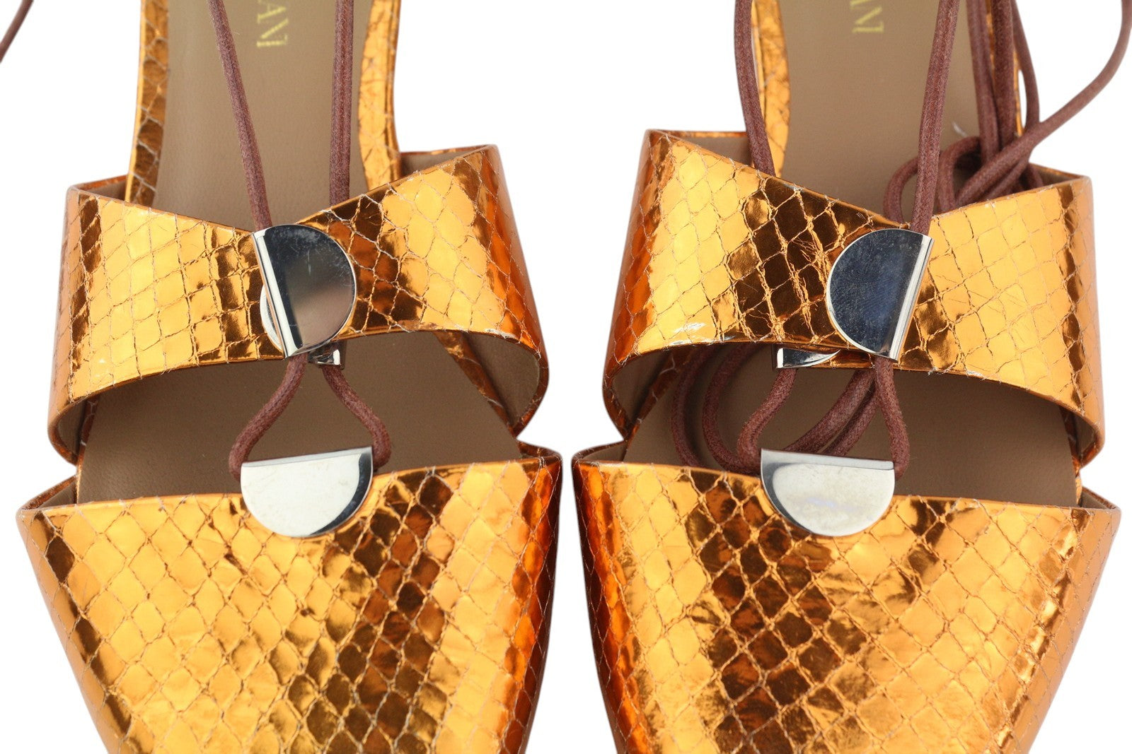 EMPORIO ARMANI X3C149 Women Flats EU37 Orange Shiny Leather Laced Pointed Toe