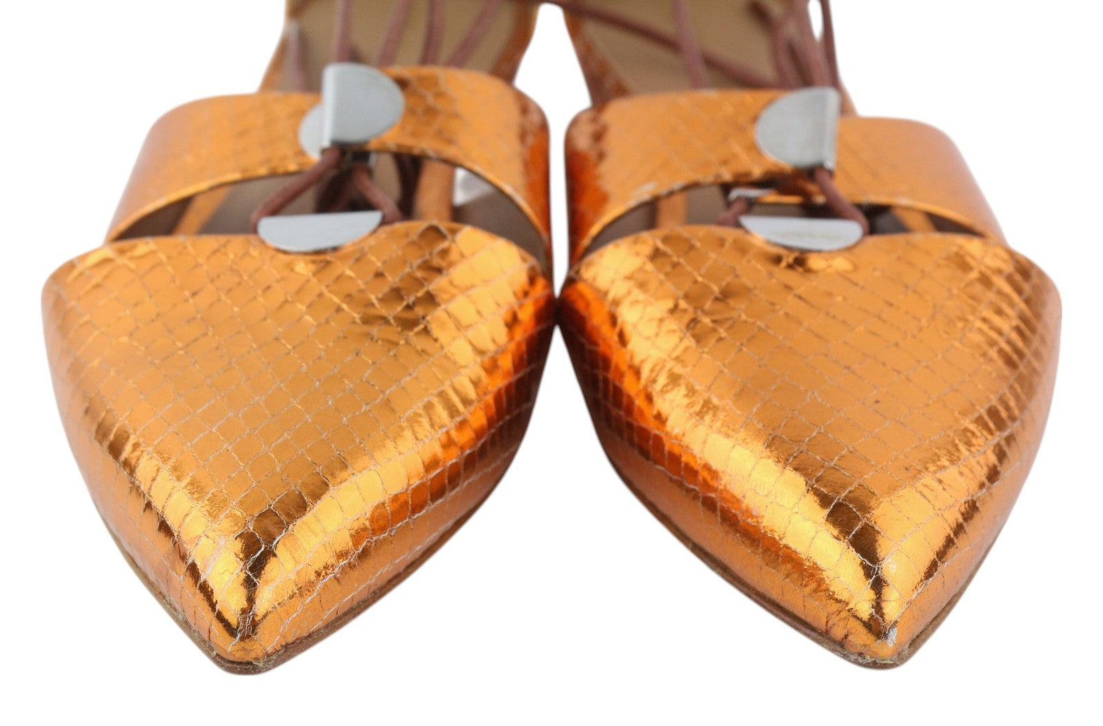 EMPORIO ARMANI X3C149 Women Flats EU37 Orange Shiny Leather Laced Pointed Toe