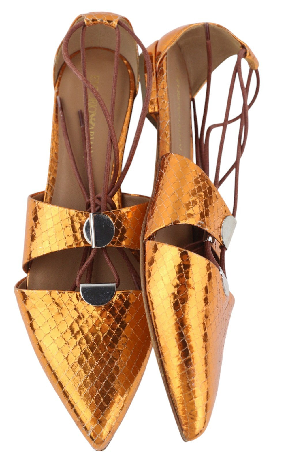 EMPORIO ARMANI X3C149 Women Flats EU37 Orange Shiny Leather Laced Pointed Toe