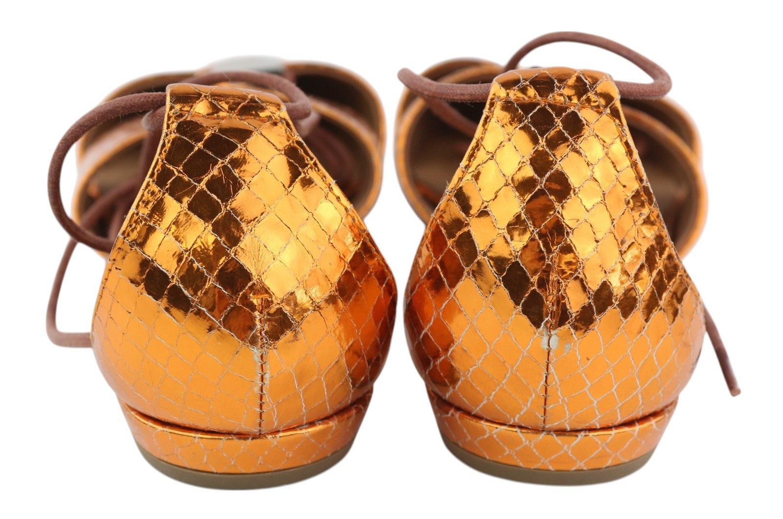 EMPORIO ARMANI X3C149 Women Flats EU37 Orange Shiny Leather Laced Pointed Toe