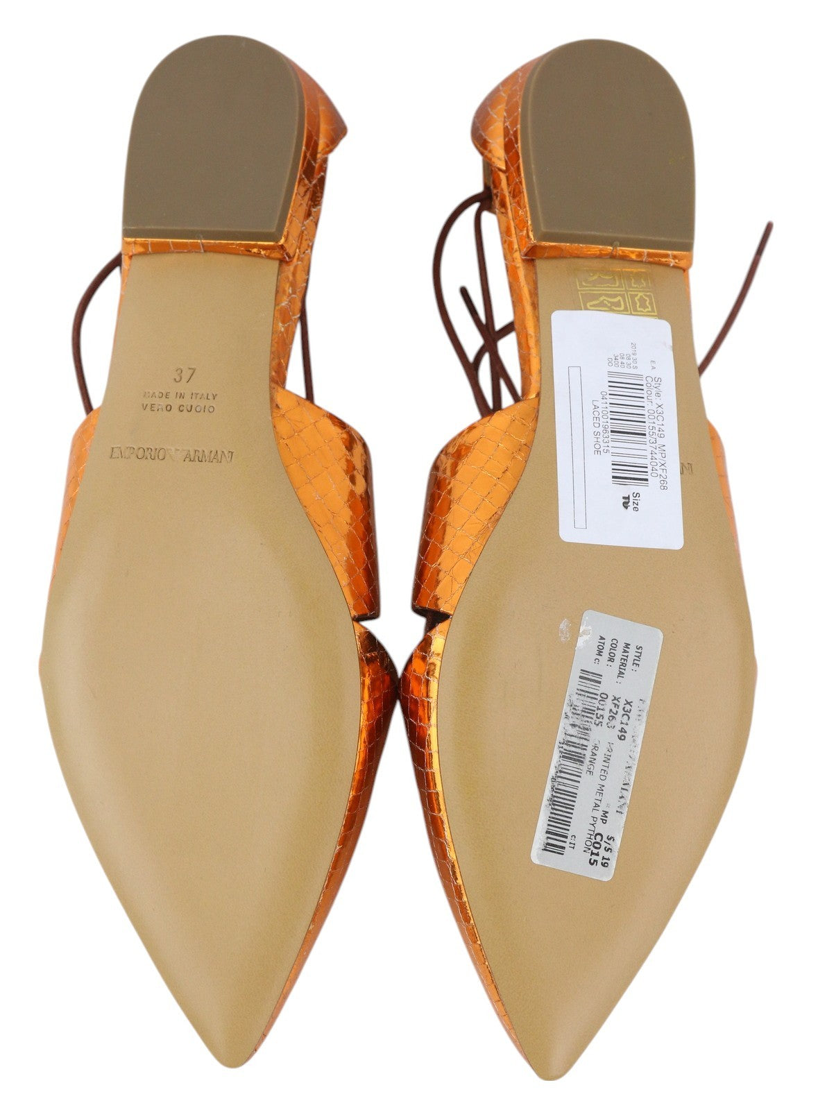EMPORIO ARMANI X3C149 Women Flats EU37 Orange Shiny Leather Laced Pointed Toe