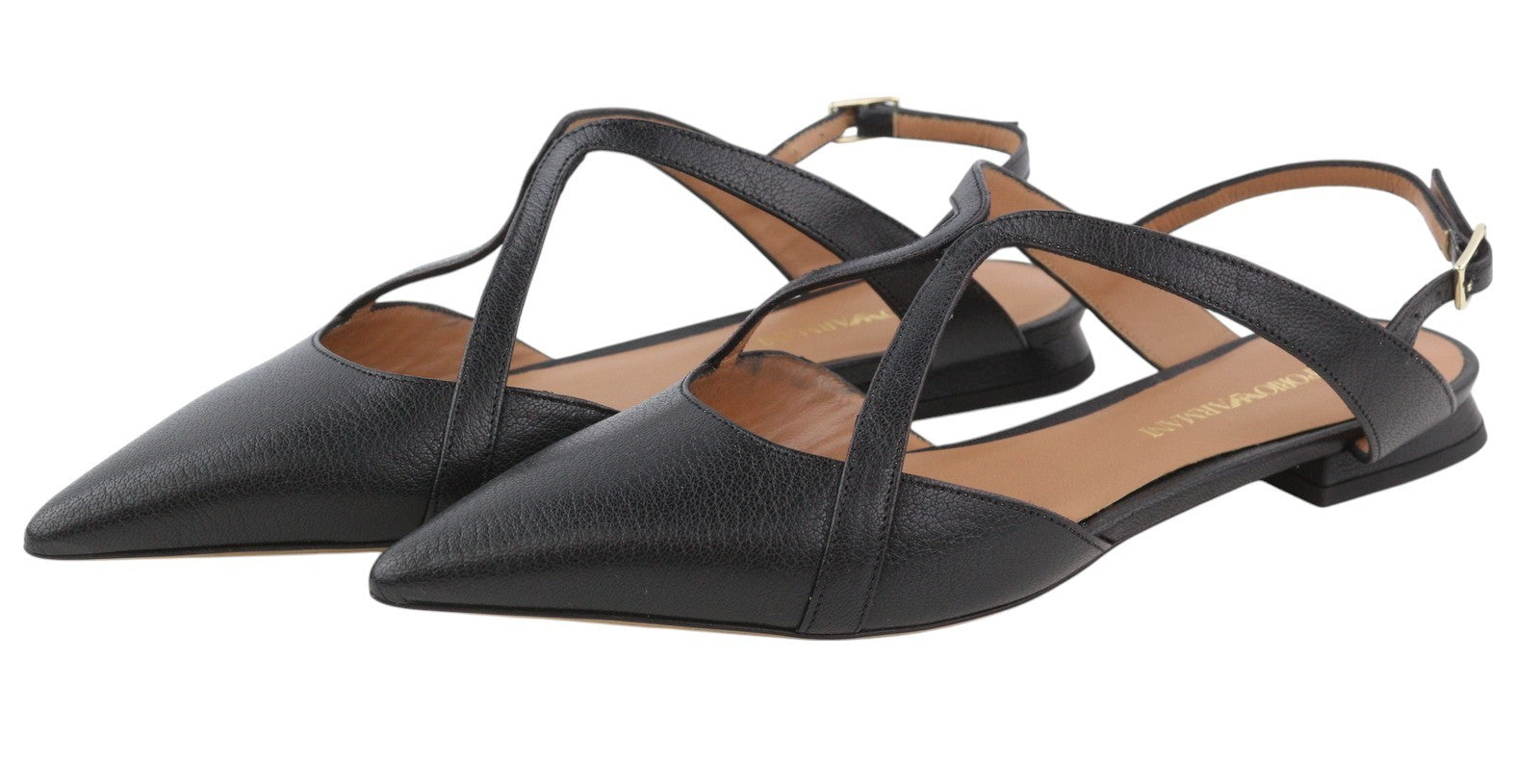 EMPORIO ARMANI Women Flats EU37 Black Leather Pointed Toe Strappy Ballerina
