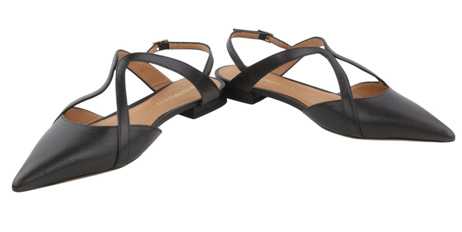 EMPORIO ARMANI Women Flats EU37 Black Leather Pointed Toe Strappy Ballerina