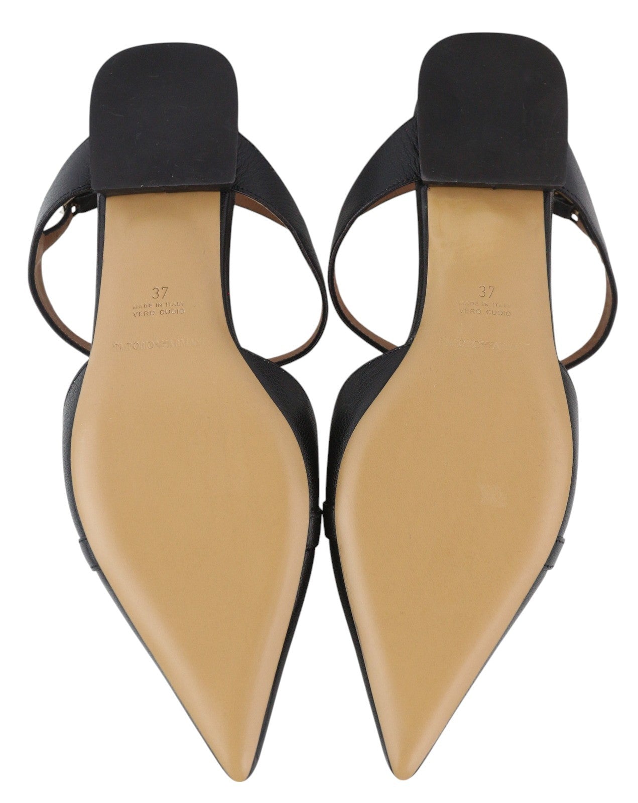 EMPORIO ARMANI Women Flats EU37 Black Leather Pointed Toe Strappy Ballerina