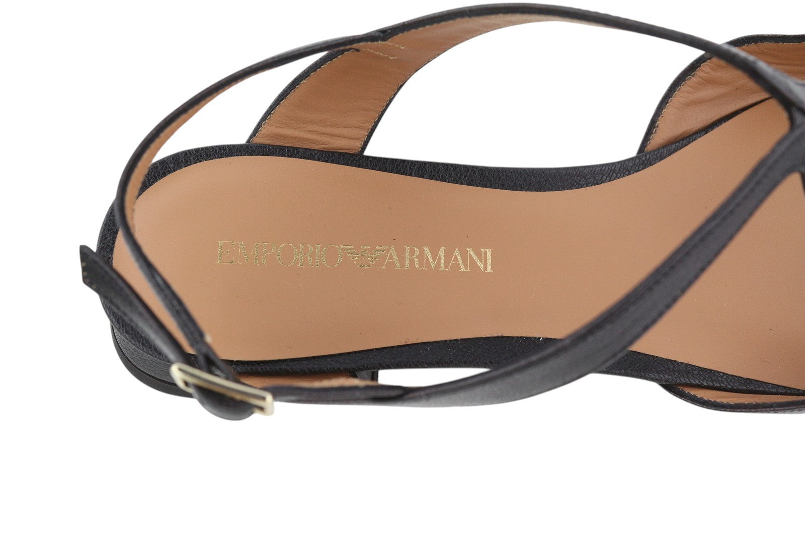 EMPORIO ARMANI Women Flats EU37 Black Leather Pointed Toe Strappy Ballerina