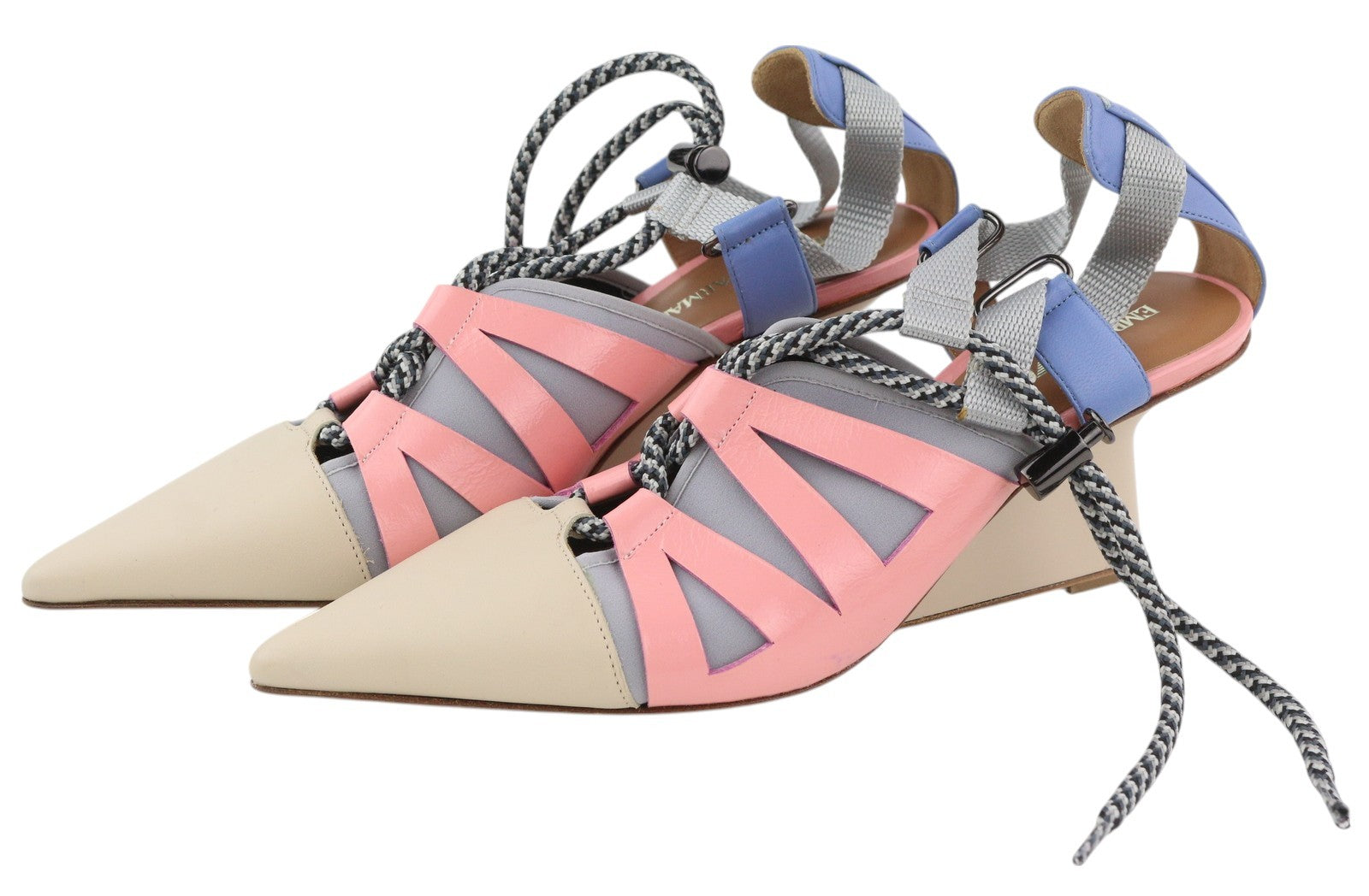 EMPORIO ARMANI Women Heels EU37 Beige Leather Pointed Toe Green Drawstrings