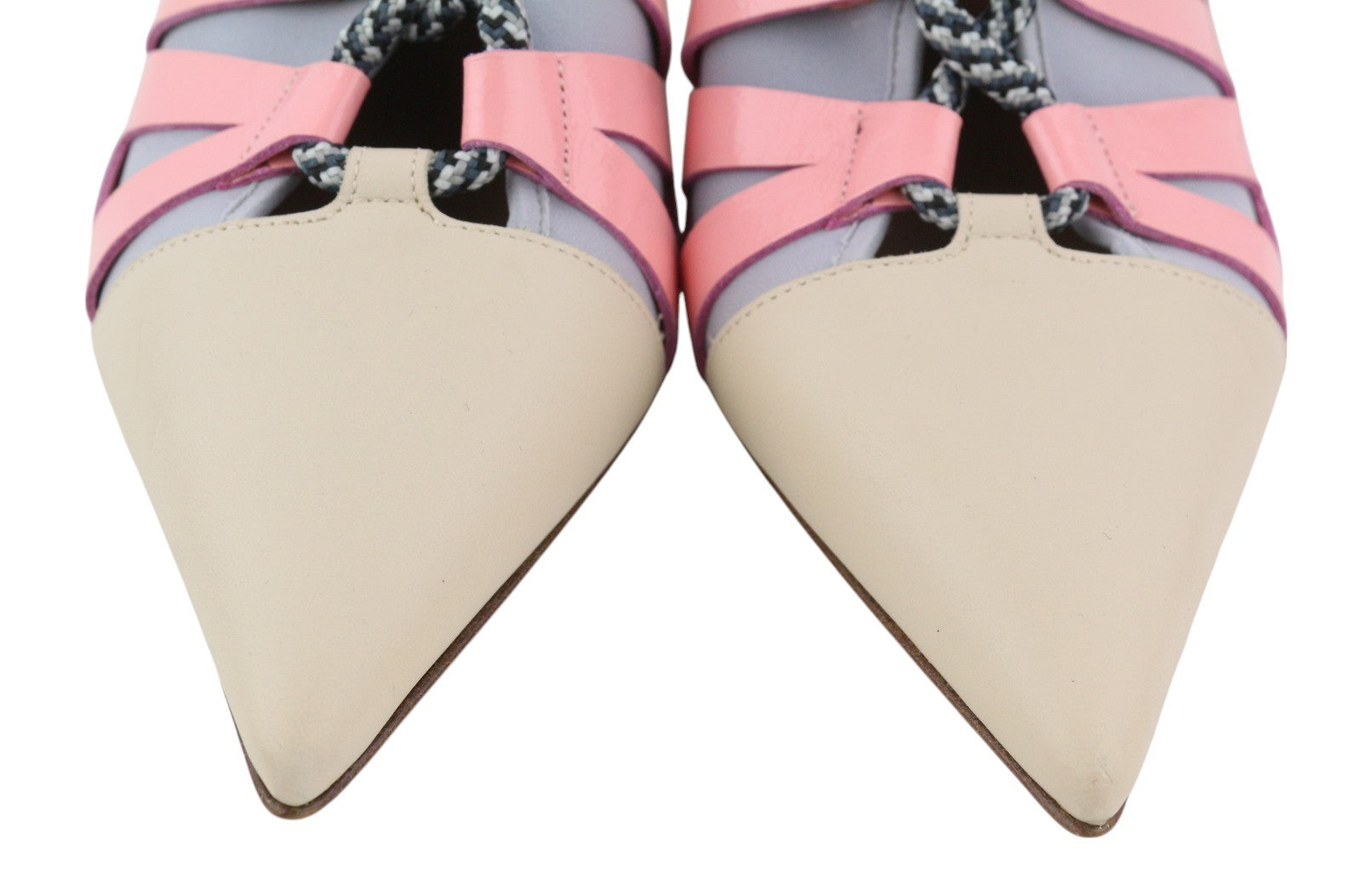 EMPORIO ARMANI Women Heels EU37 Beige Leather Pointed Toe Green Drawstrings