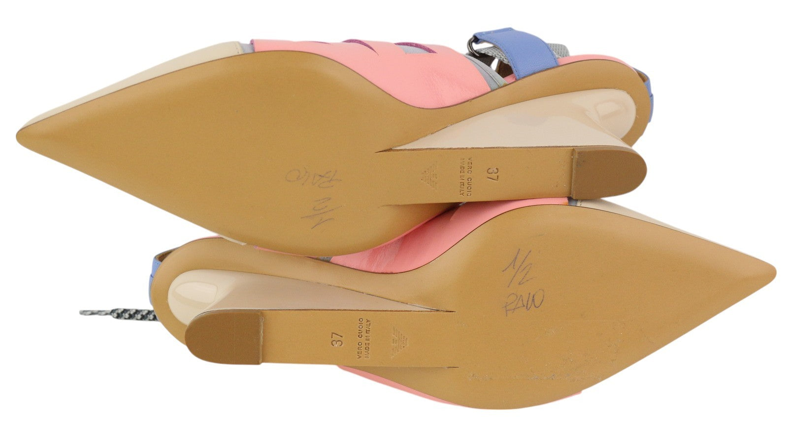 EMPORIO ARMANI Women Heels EU37 Beige Leather Pointed Toe Green Drawstrings