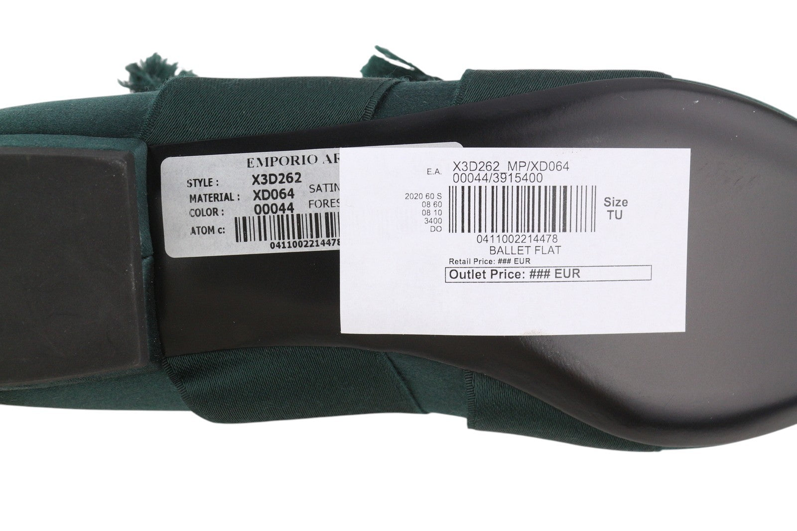 EMPORIO ARMANI X3D262 Women Flats EU37 Green Satin Pointed Toe Ballerina Straps