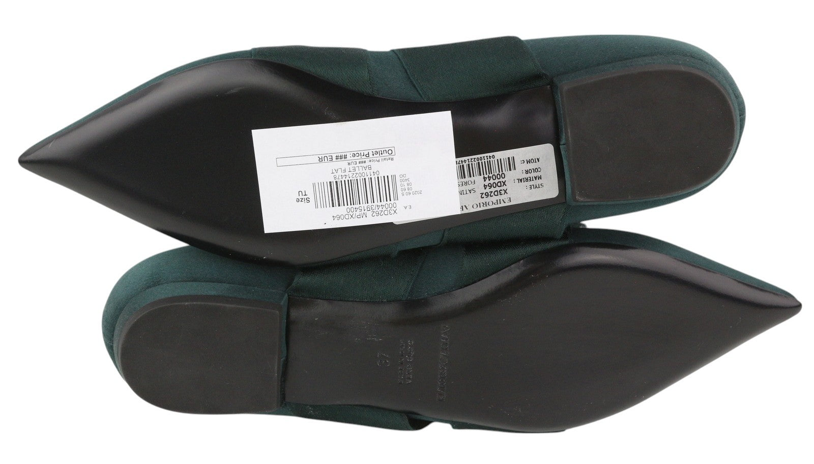 EMPORIO ARMANI X3D262 Women Flats EU37 Green Satin Pointed Toe Ballerina Straps