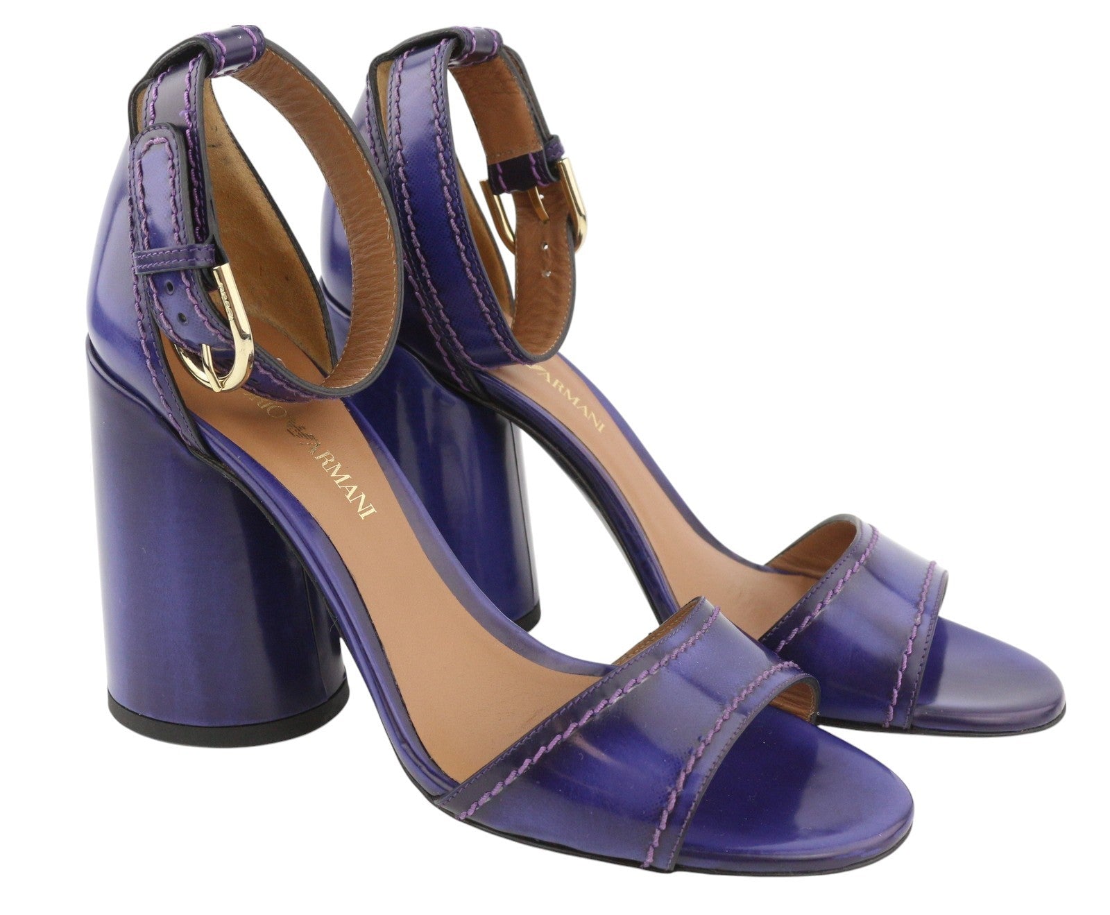 EMPORIO ARMANI Women Heels EU37 Purple Leather Block Heels Open Toe Sandals