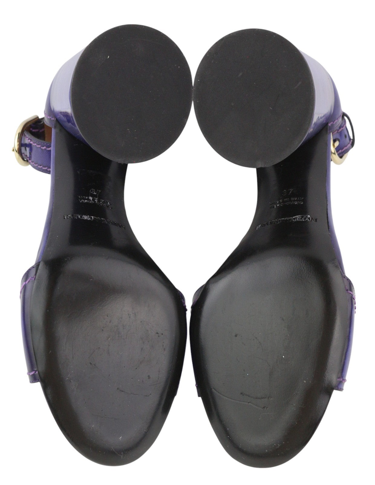 EMPORIO ARMANI Women Heels EU37 Purple Leather Block Heels Open Toe Sandals