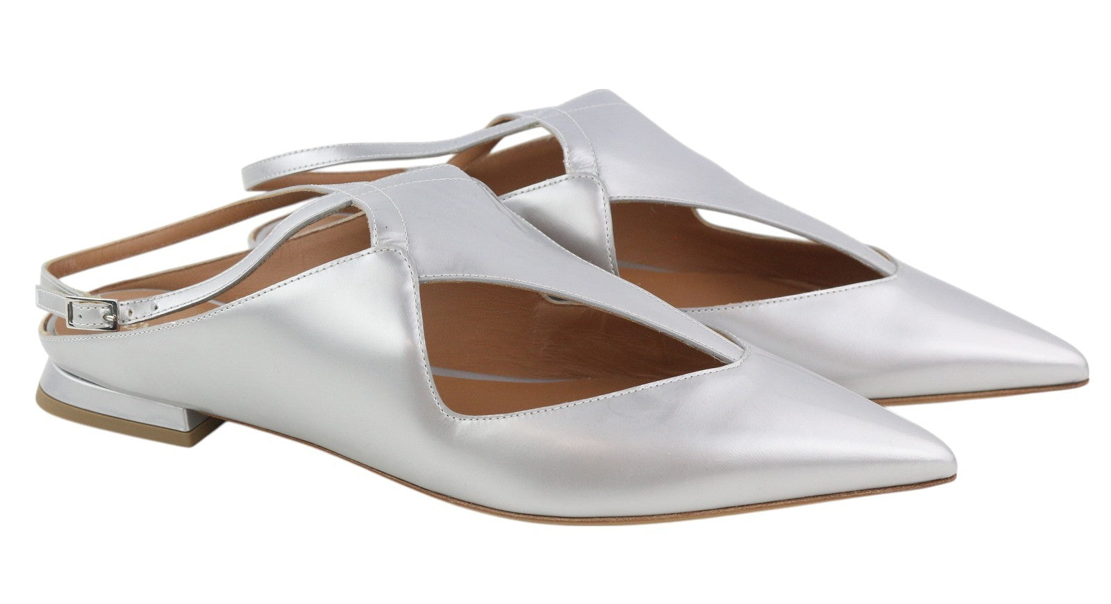 EMPORIO ARMANI X3D234 Women Flats EU37 Silver Pointed Toe Buckle Slip Sandals