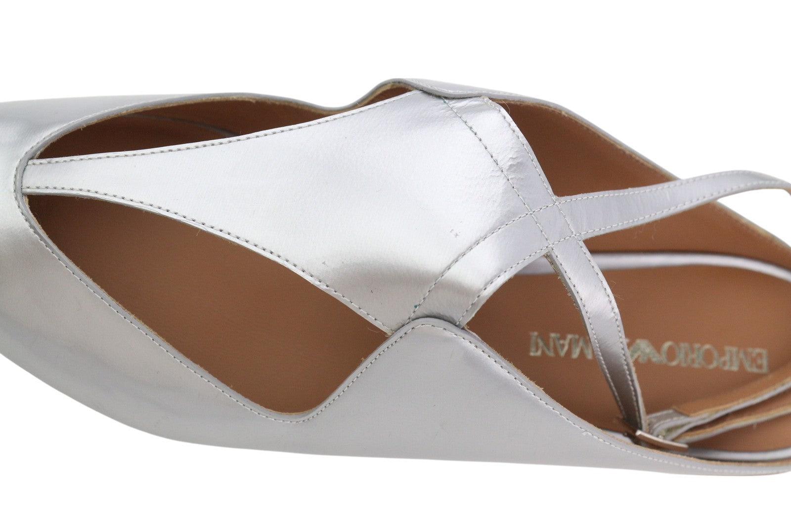 EMPORIO ARMANI X3D234 Women Flats EU37 Silver Pointed Toe Buckle Slip Sandals