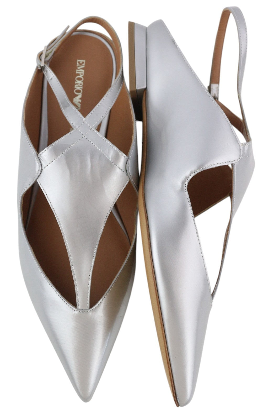 EMPORIO ARMANI X3D234 Women Flats EU37 Silver Pointed Toe Buckle Slip Sandals