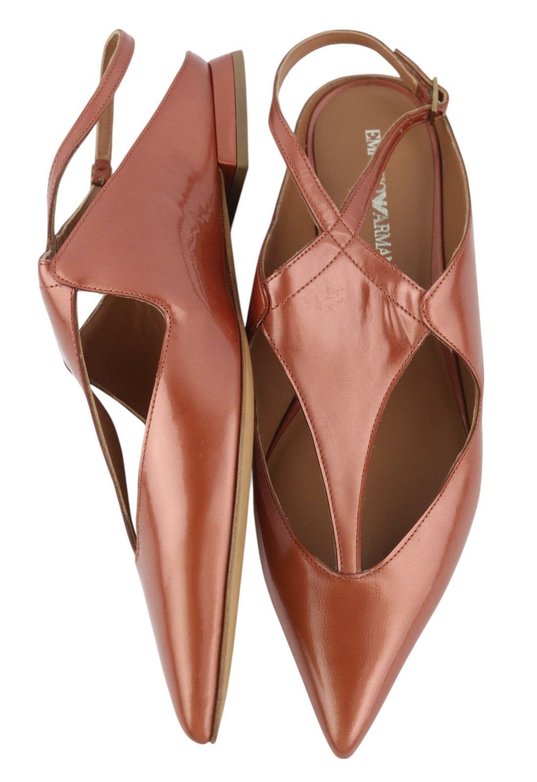 EMPORIO ARMANI X3D234 Women Flats EU37 Brown Pointed Toe Buckle Slip Sandals