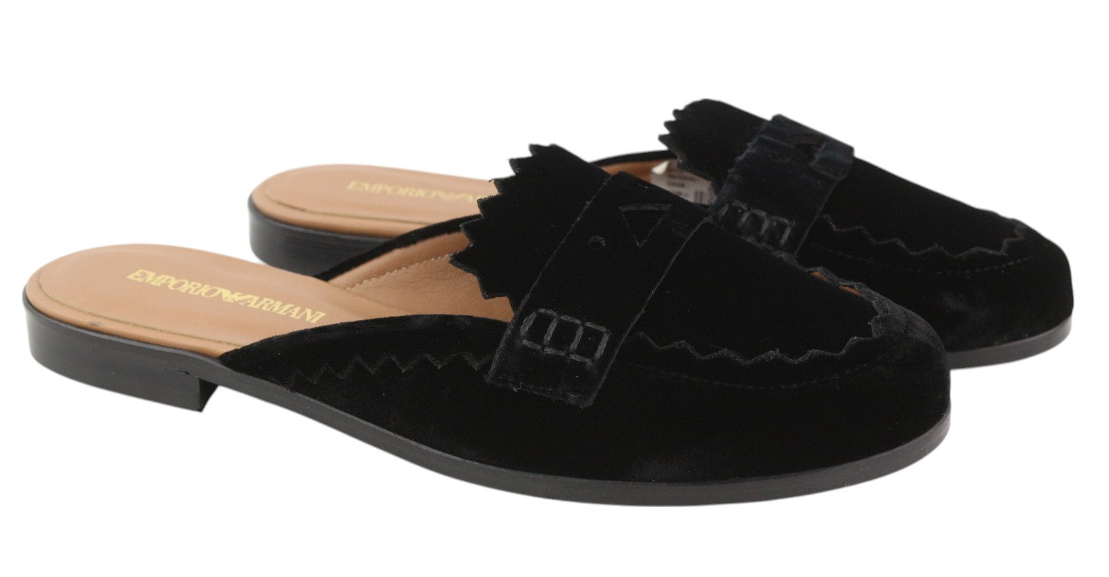 EMPORIO ARMANI X3A068 Women Flats EU37 Black Soft Velvet Slip On Mule Sandals