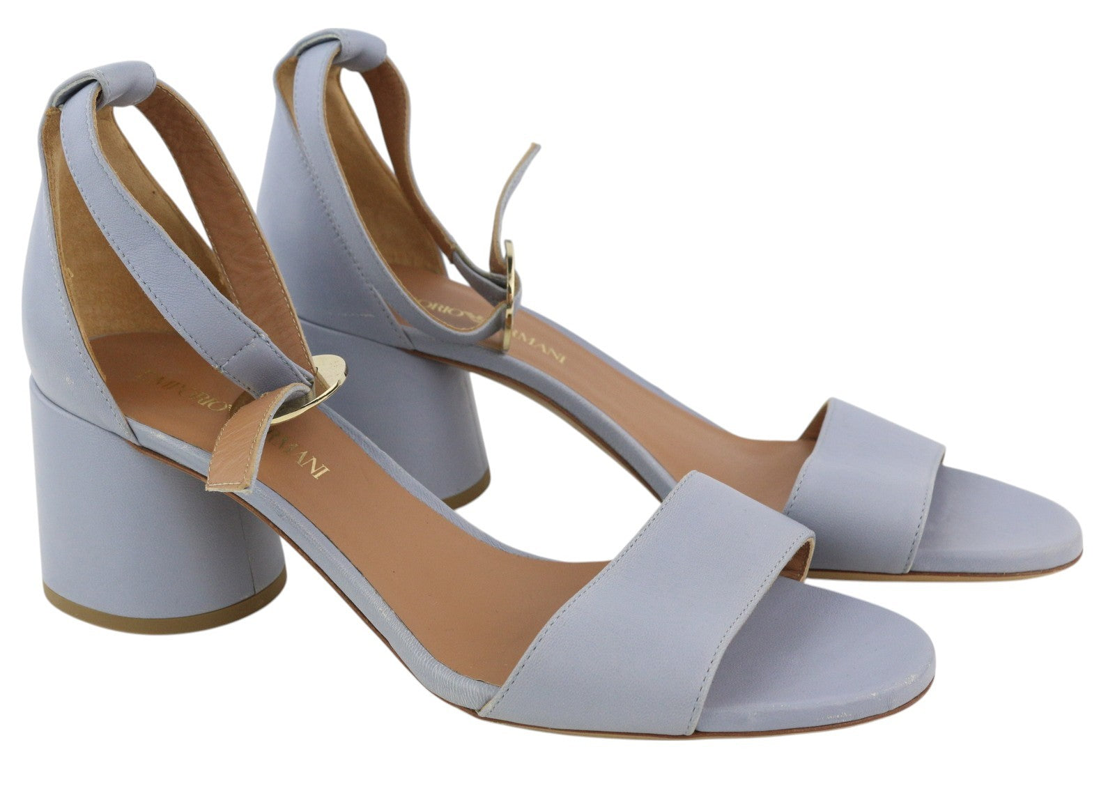 EMPORIO ARMANI Women Heels EU37 Light Blue Leather Buckle Open Toe Logo Sandals