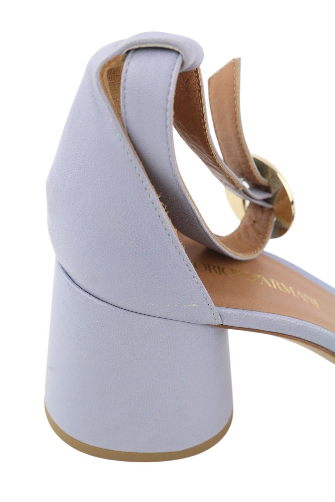 EMPORIO ARMANI Women Heels EU37 Light Blue Leather Buckle Open Toe Logo Sandals