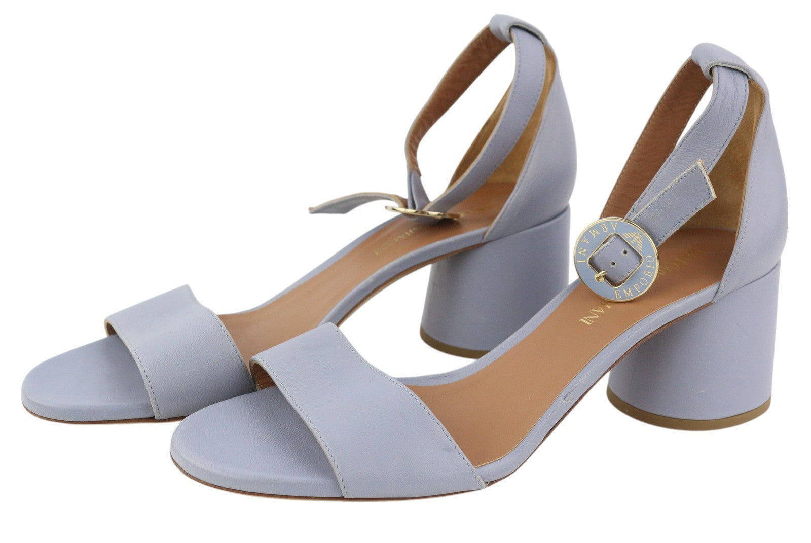 EMPORIO ARMANI Women Heels EU37 Light Blue Leather Buckle Open Toe Logo Sandals