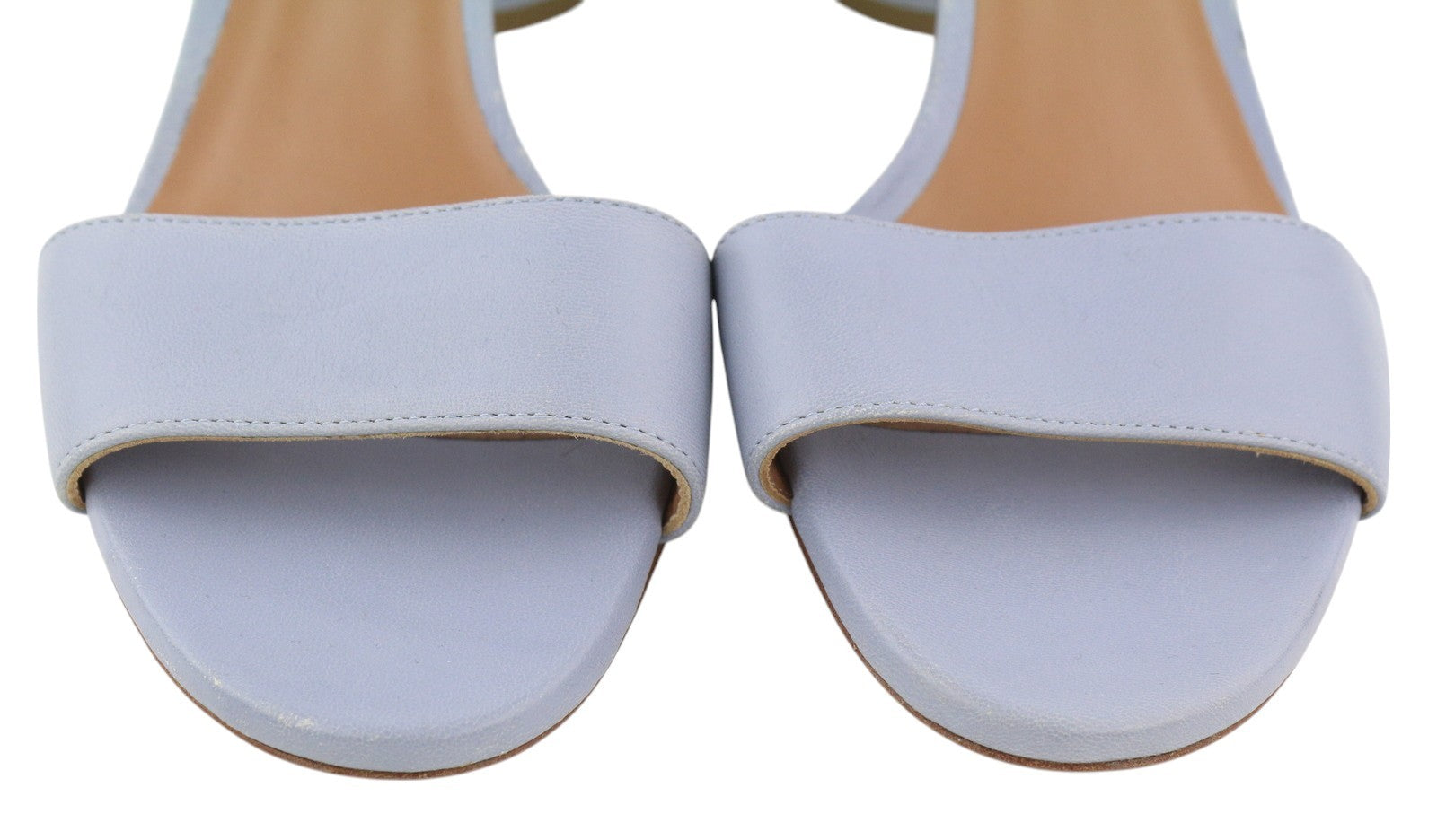 EMPORIO ARMANI Women Heels EU37 Light Blue Leather Buckle Open Toe Logo Sandals