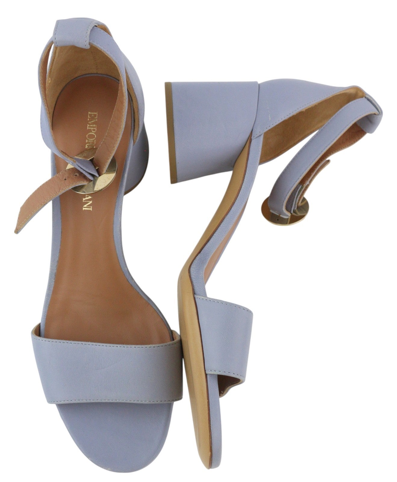EMPORIO ARMANI Women Heels EU37 Light Blue Leather Buckle Open Toe Logo Sandals