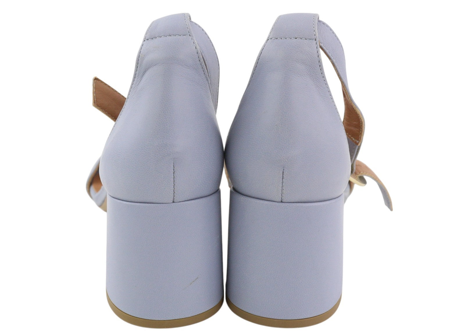 EMPORIO ARMANI Women Heels EU37 Light Blue Leather Buckle Open Toe Logo Sandals