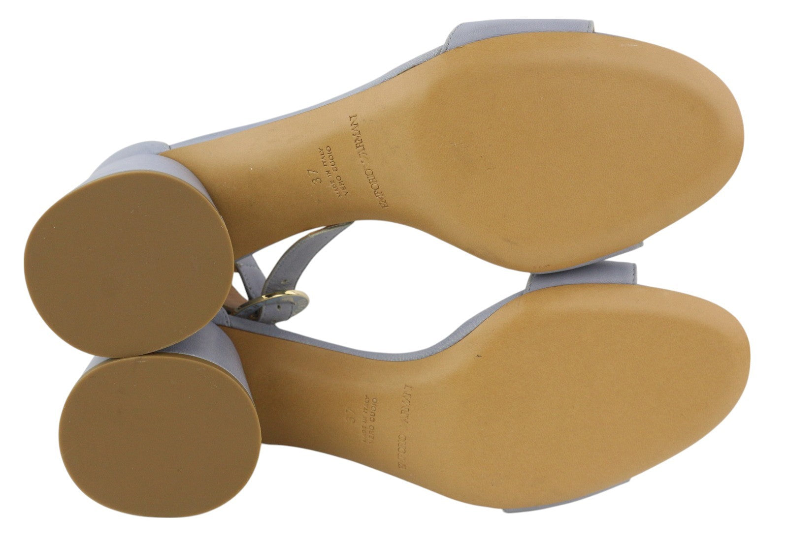 EMPORIO ARMANI Women Heels EU37 Light Blue Leather Buckle Open Toe Logo Sandals