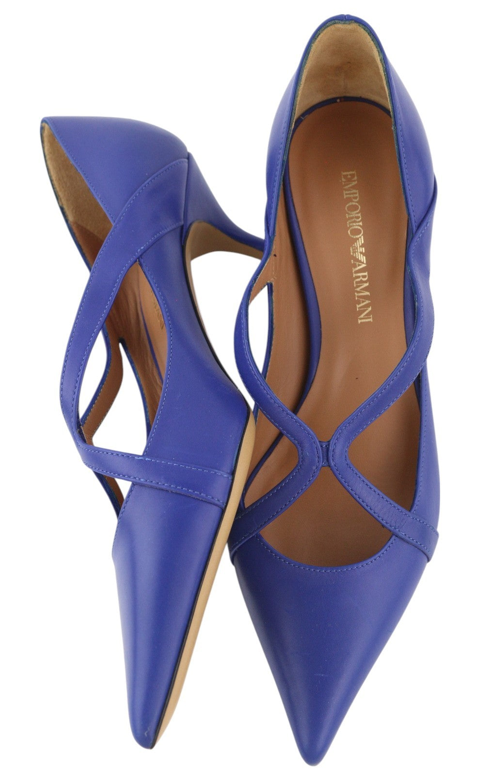 EMPORIO ARMANI X3E374 Women Heels EU37 Blue Leather Pointed Toe Strappy Casual